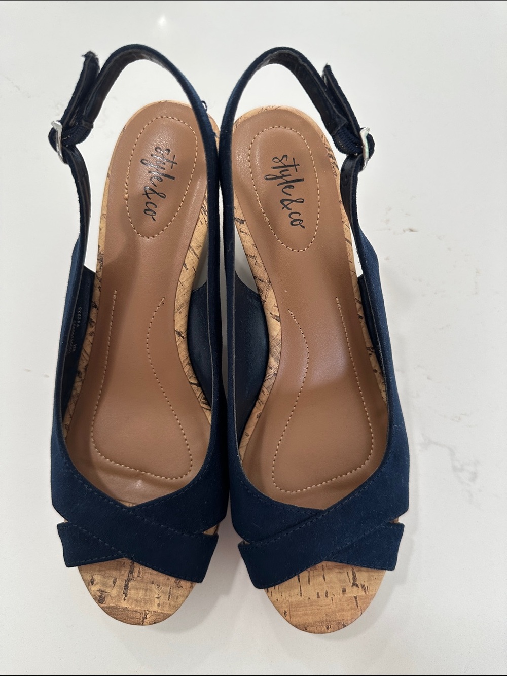 Style & Co. Navy Open-Toe Cork Wedge Slingbacks